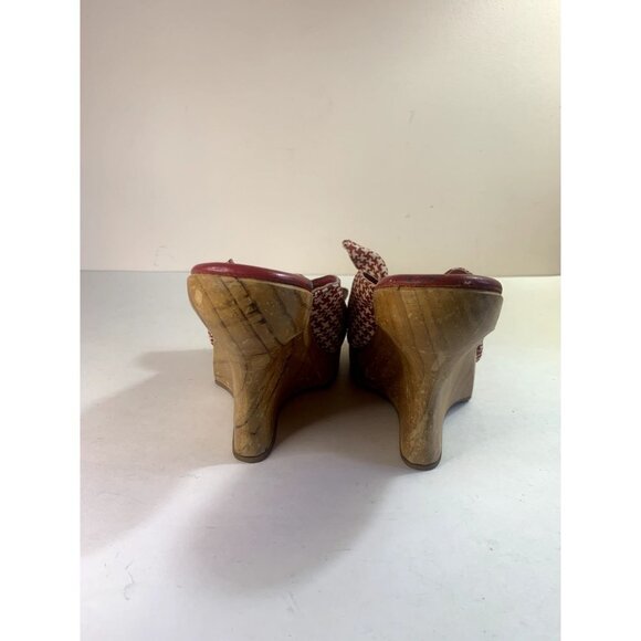 ZARA Rare Red+White Houndstooth Wood Wedge Clog Retro 40s Pin-up Bow Tie - Picture 7 of 9